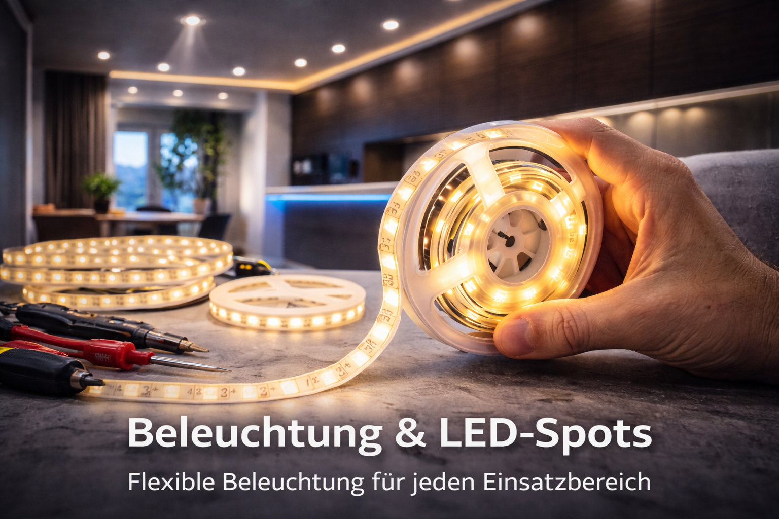 Hand hält eine Rolle flexible LED-Beleuchtung mit warmweißem Licht, auf einem Tisch liegen zusätzliche LED-Rollen und Werkzeuge, im Hintergrund eine moderne, helle Küche.