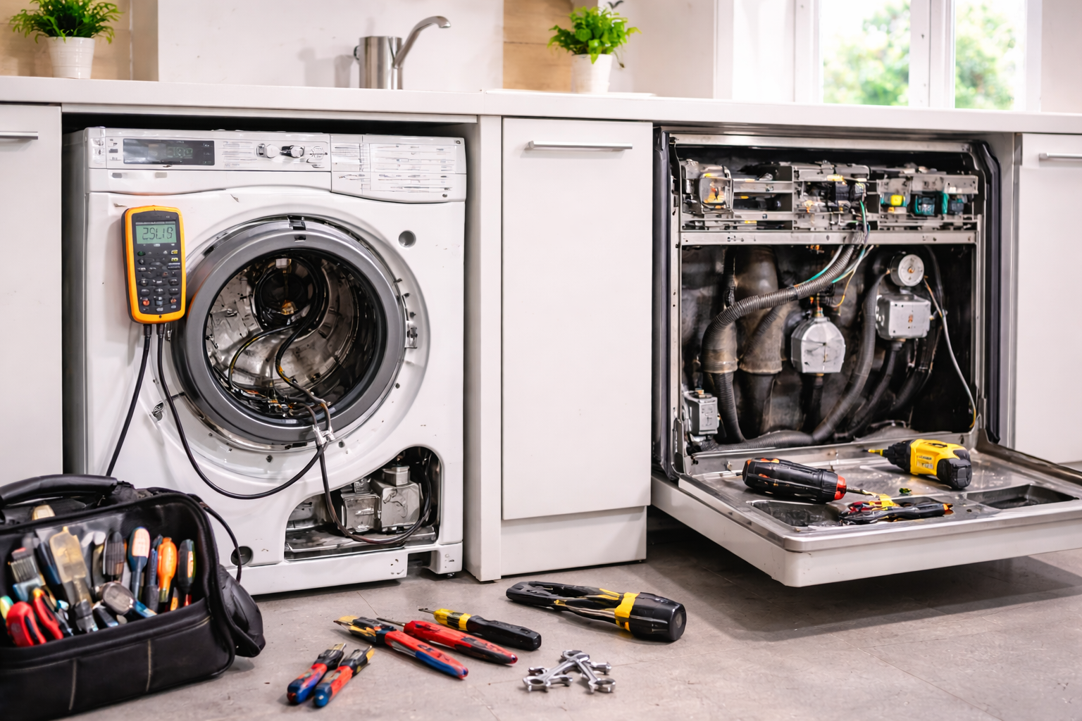 Eine Waschmaschine ohne Frontblende, mit einem Multimeter an der Seite, neben einer offenen Geschirrspülmaschine mit Werkzeugen auf dem Boden davor, in einer Küche.
