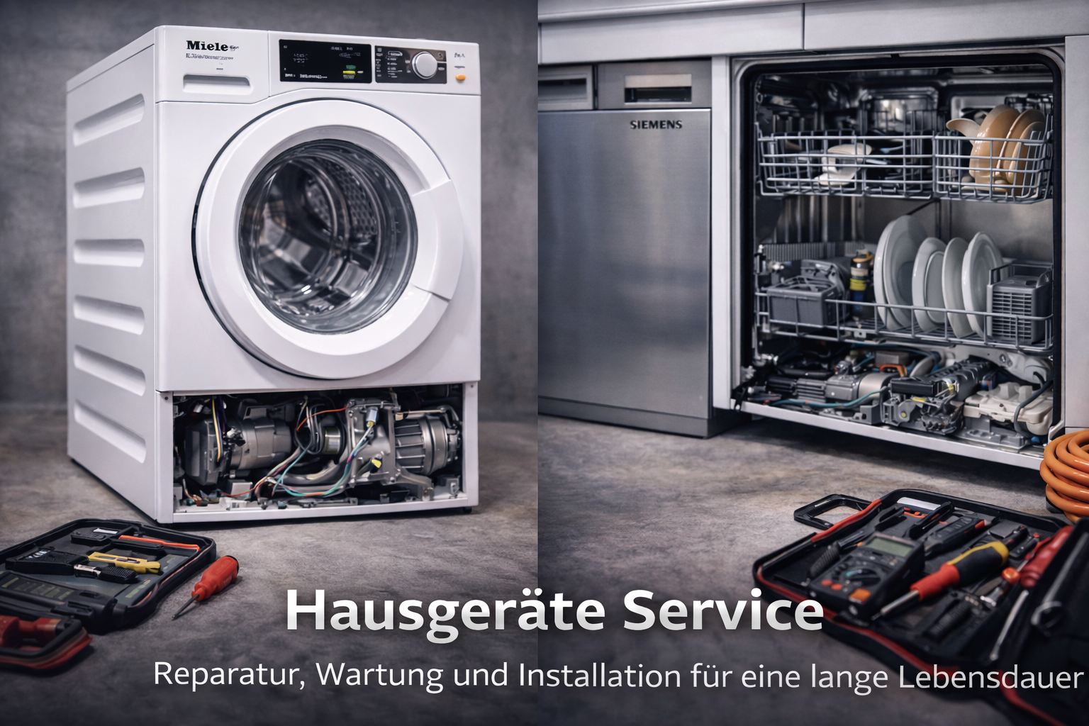 Waschmaschine und Geschirrspüler werden gewartet, mit Werkzeugen und Diagnosegeräten auf dem Boden