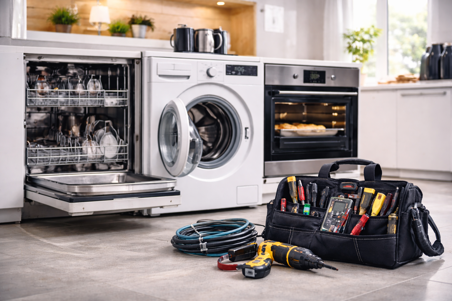 Werkzeugkasten, Kabel, Bohrmaschine und andere Werkzeuge in einem schwarzen Werkzeugkoffer vor Waschmaschine und Ofen in einer modern ausgestatteten Küche.