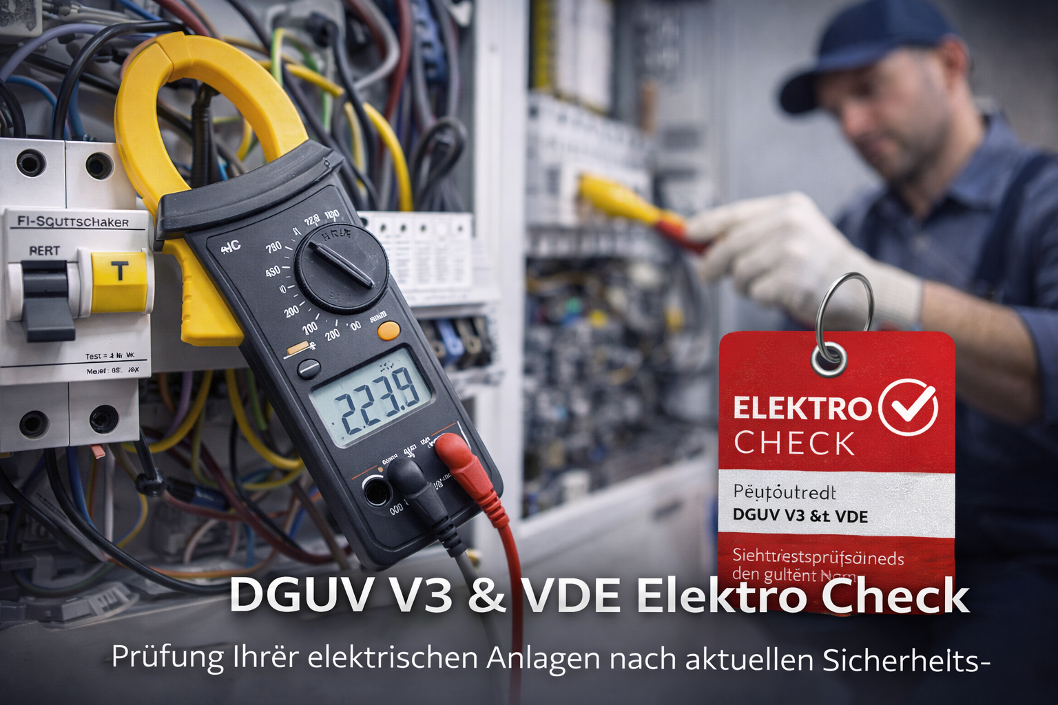 Elektriker überprüft elektrische Anlagen, Multimeter zeigt 223.9 Volt, Elektro-Check-Tag mit Text auf grüner und roter Karte, basiert auf DGUV V3 und VDE Sicherheitsstandards.