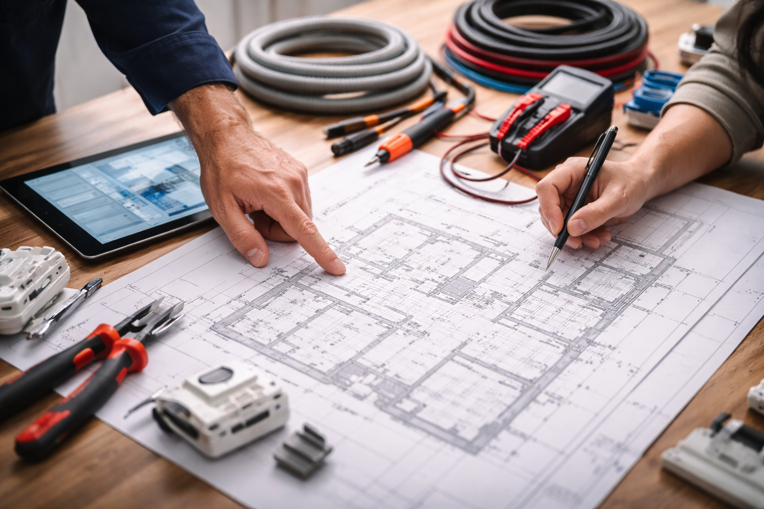Zwei Personen arbeiten an einem Bauplan auf einem Tisch, umgeben von Werkzeugen und Messgeräten.