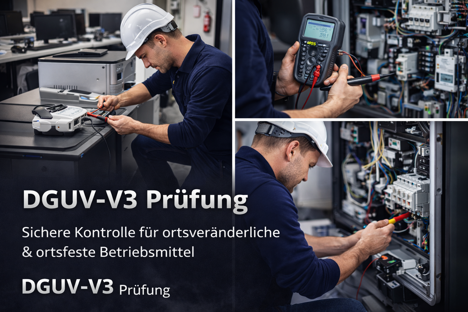 Ein Elektriker überprüft elektrische Anlagen in einem Raum, in dem mehrere Computer und elektronische Geräte stehen. Er trägt einen Sicherheitshelm und arbeitet mit Messgeräten an einer Schalttafel.