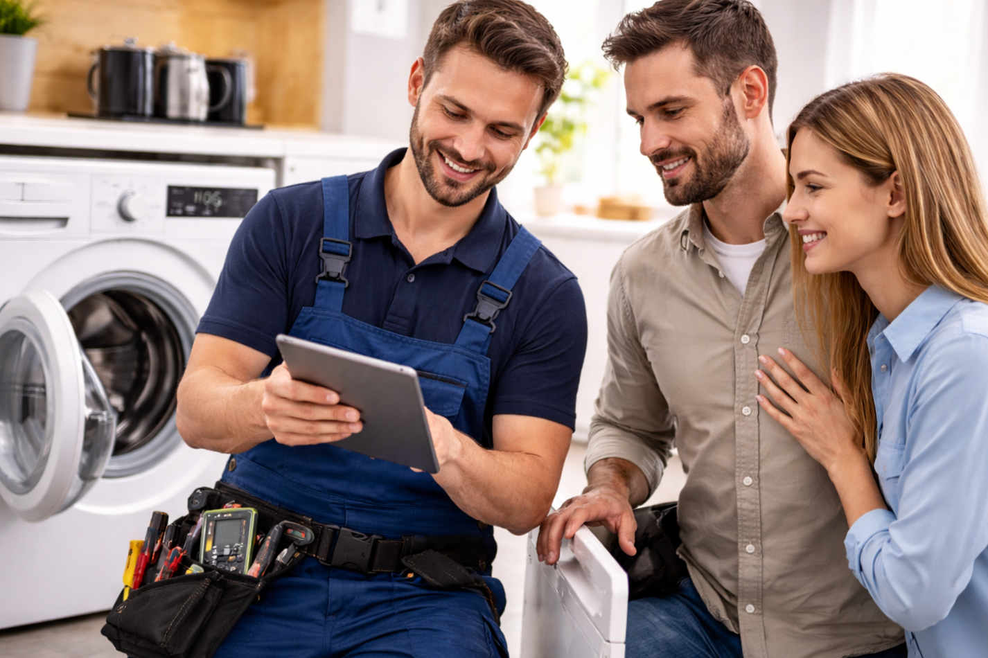Ein Installateur zeigt einem Kunden auf einem Tablet eine Reparaturmethode in einer Waschküche.