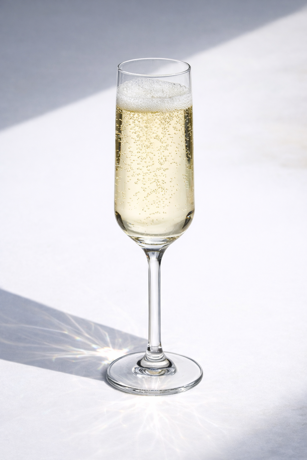 Ein Glaser Champagner mit sprudelndem Inhalt auf weißem Hintergrund.