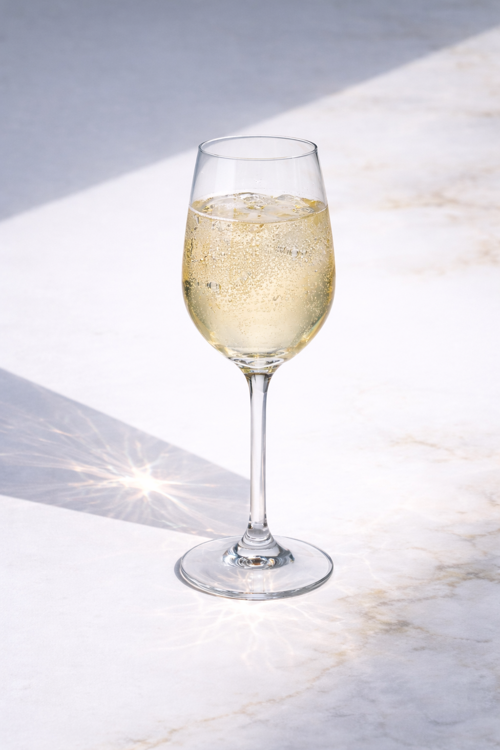 Ein Glas Wein mit Bläschen auf weißem Marmor