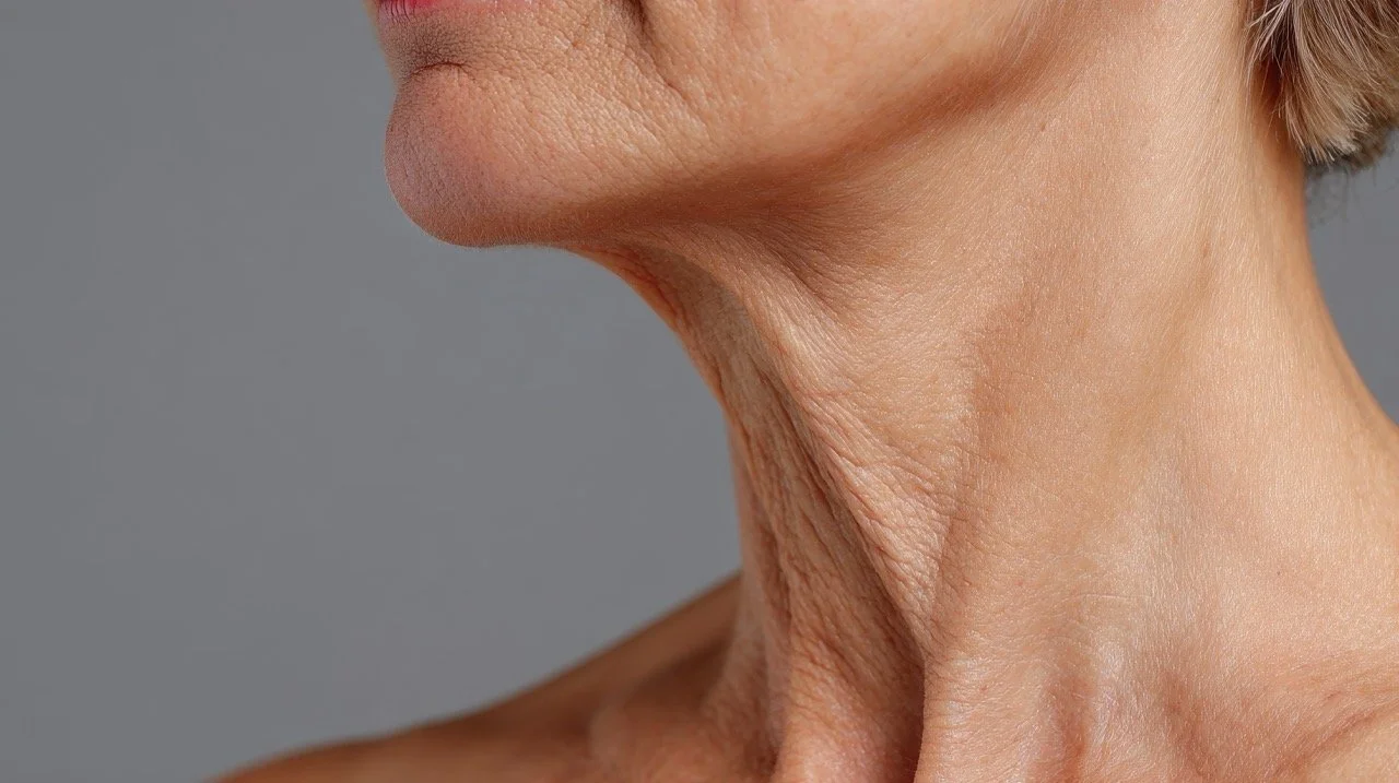 Close-up of a woman's neck and lower face, showing signs of aging such as loose skin and wrinkles.