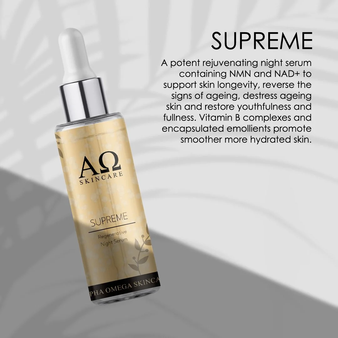 A bottle of Alpha Omega Skincare Supreme regenerative night serum with a dropper cap, set against a light background with shadowed palm leaves, accompanied by product description text.