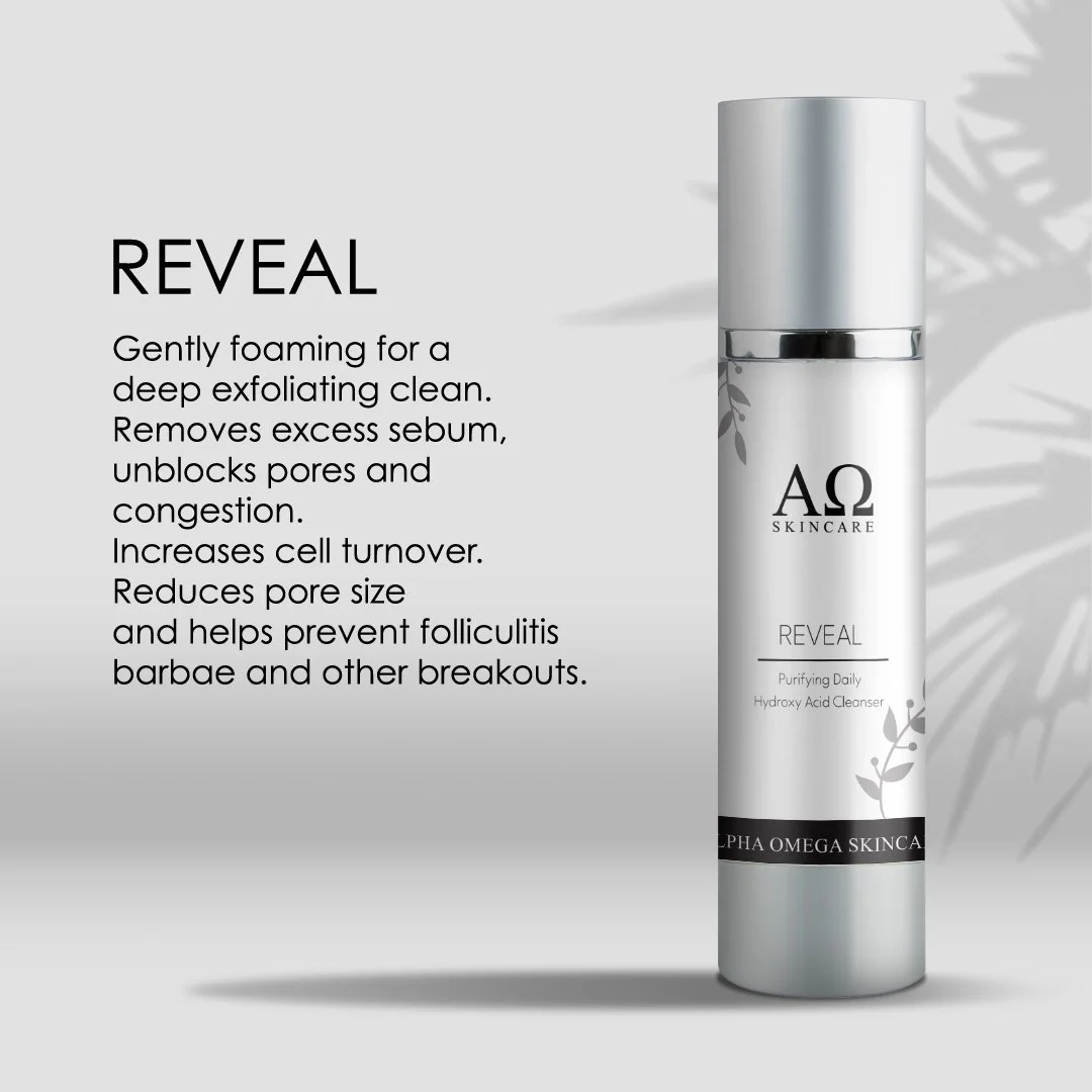 A silver pump bottle of Alpha Omega Skinca REVEAL Purifying Daily Hydroxy Acid Cleanser with a leaf design on the label, set against a light background with a shadow of leaves, alongside descriptive text about the product benefits.