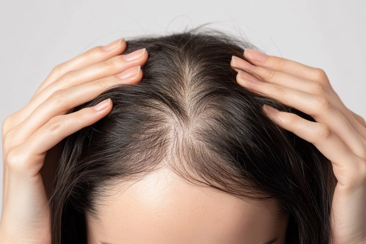 Person with dark hair holding their scalp, showing thinning hair and scalp area.