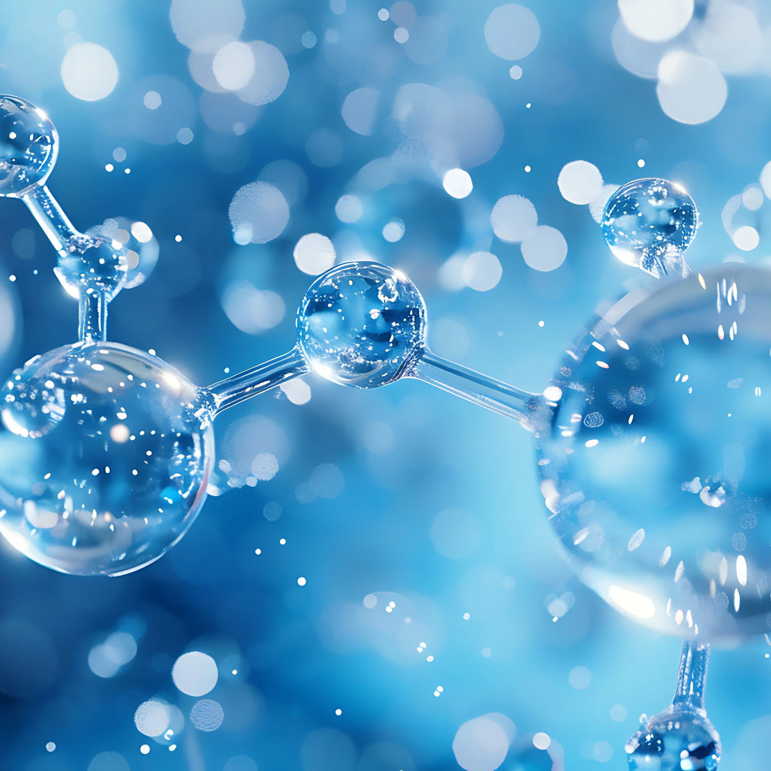 Close-up of a molecular structure with transparent water molecules connected by bonds, set against a blue background with bokeh light effects.