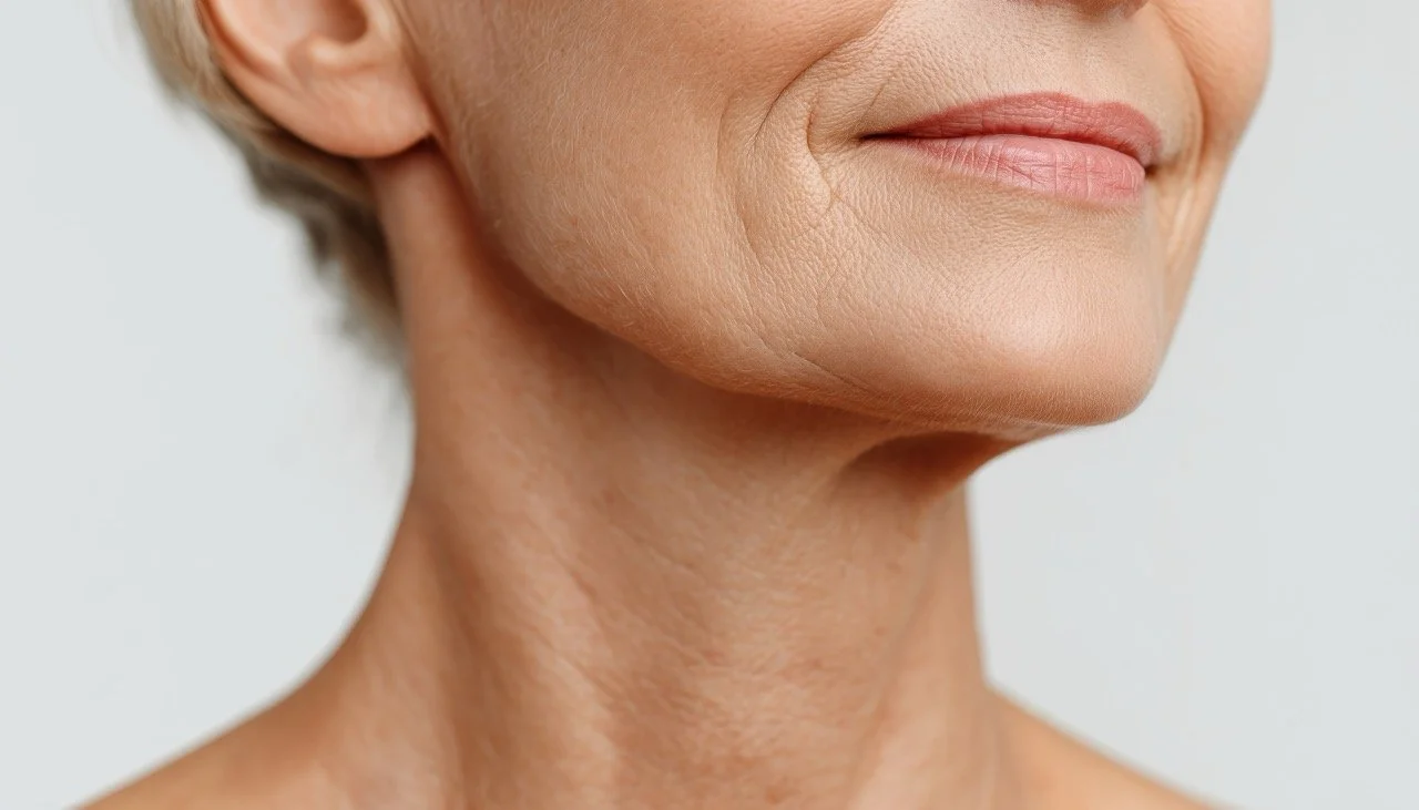 Close-up of an older woman's face and neck, showing smooth skin and a relaxed smile.