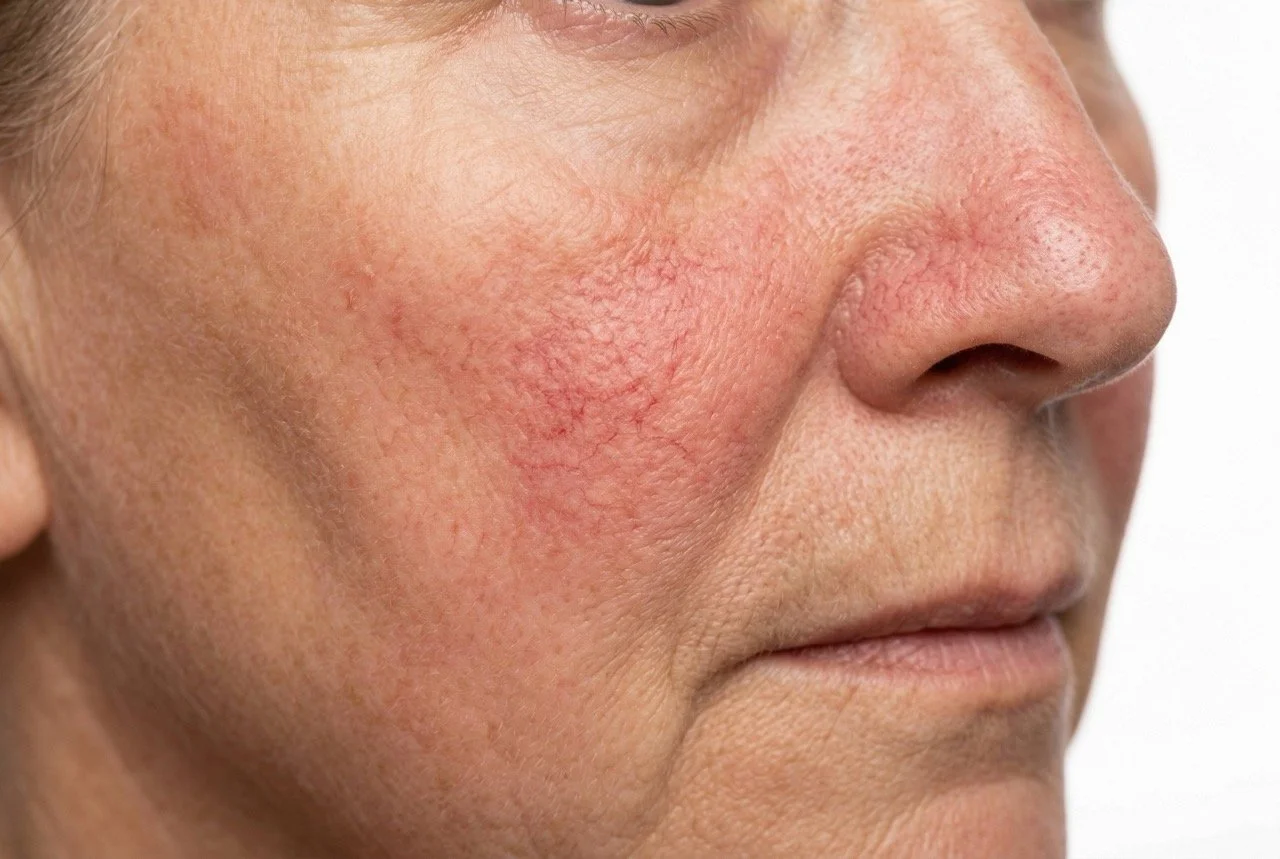 Close-up of a person's face showing red, irritated skin on the cheeks and nose.