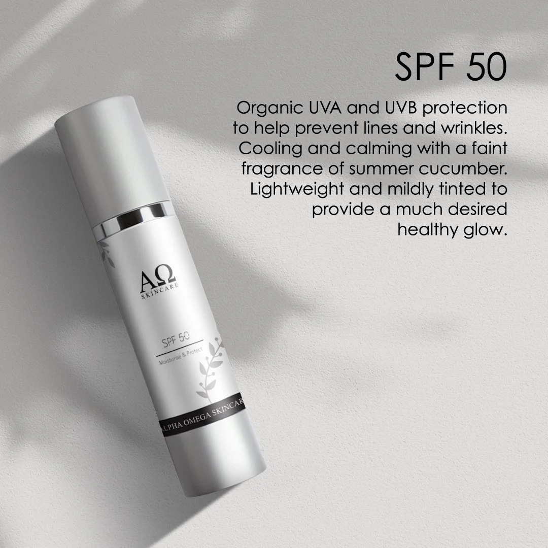 A white bottle of skincare product labeled Alpha Omega Skincare SPF 50 with a black stripe, sitting on a textured white surface with shadows, accompanied by black text describing its features.