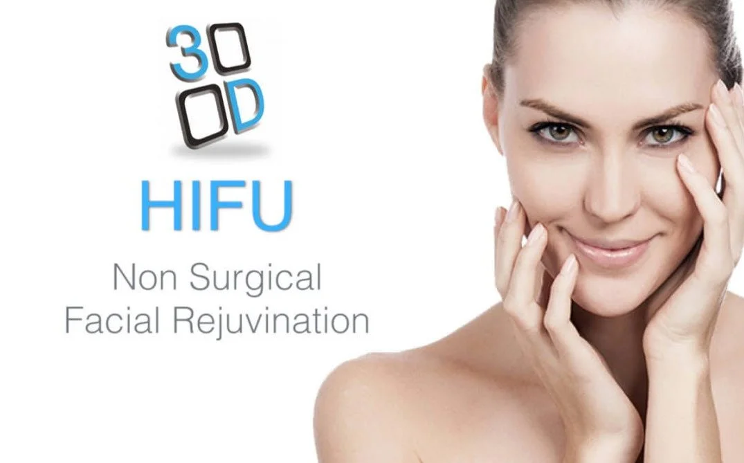 A woman smiling and touching her face, beside text that says "30D HIFU Non Surgical Facial Rejuvenation" with a 3D logo.