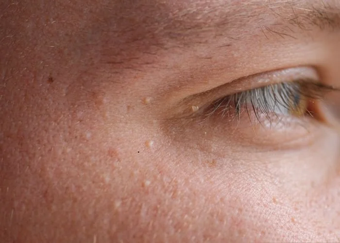 Close-up of a person's face, showing skin texture and part of an eye with brown lashes.