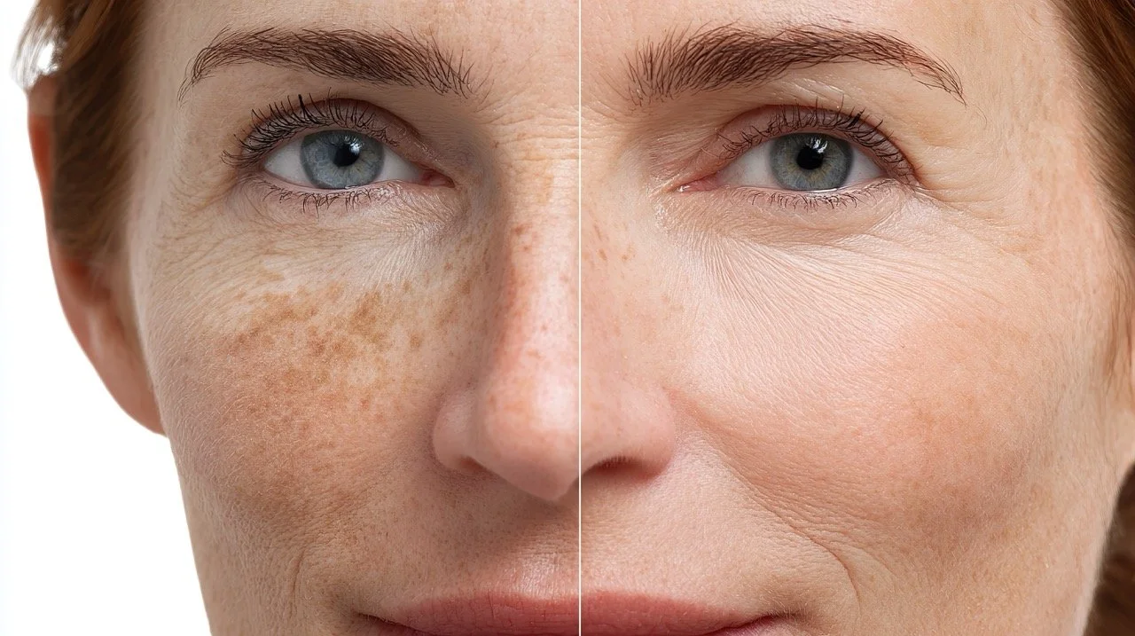 Close-up of a woman's face showing a side-by-side comparison of skin with freckles and skin after skin treatment, with smooth, even complexion.