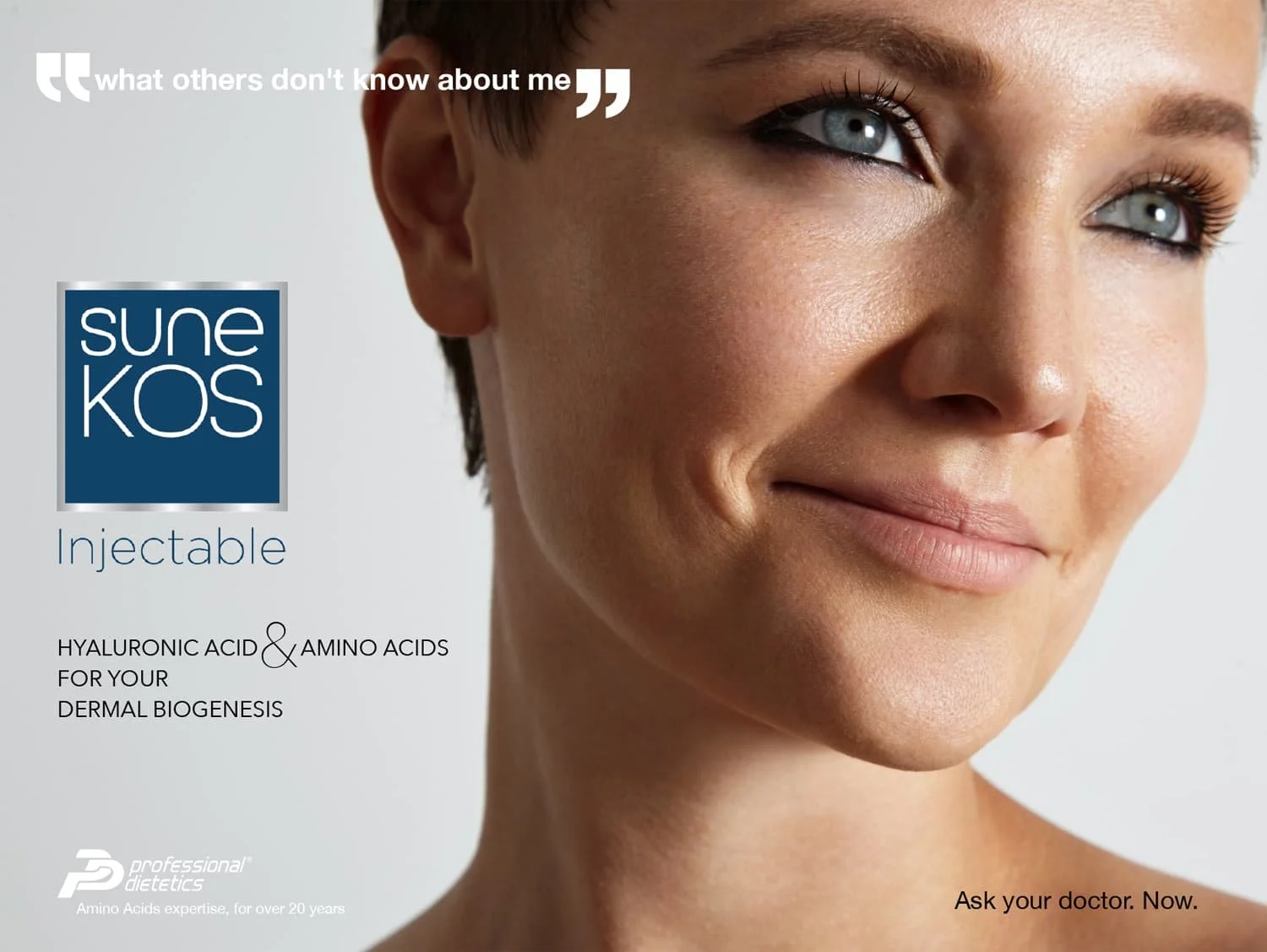 Close-up of a smiling woman with clear skin and blue eyes, advertising Sunekos injectable treatment with hyaluronic acid and amino acids for dermal biogenesis, with text prompts about skin enhancement.