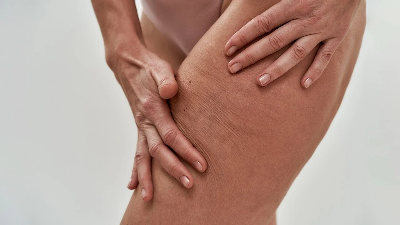 Close-up of a person holding their thigh, showing skin with stretch marks.