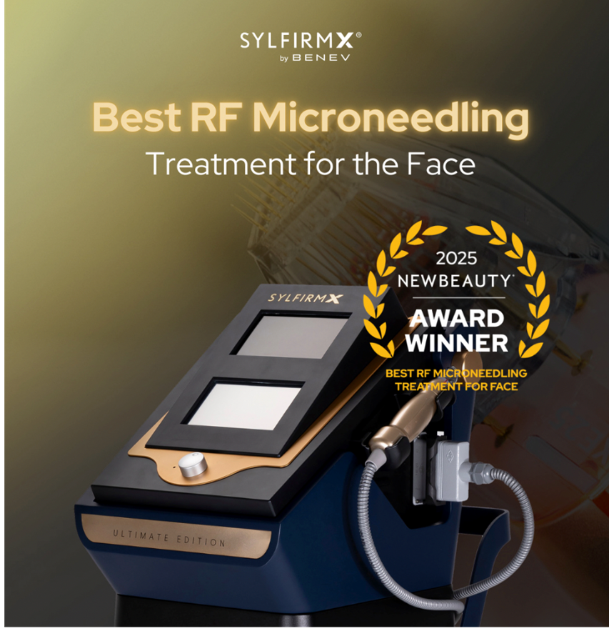 A device for RF microneedling treatment for the face with an award badge from 2025 NewBeauty.