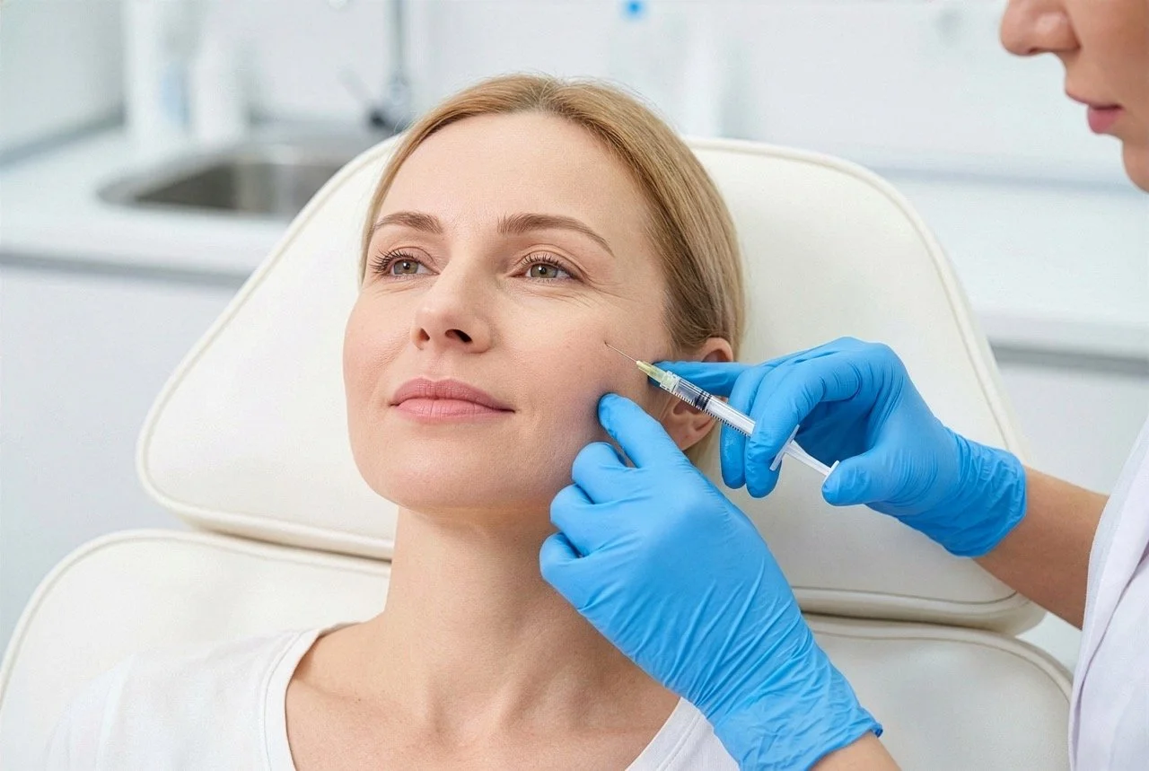 A woman is receiving an injection in her cheek from a healthcare professional wearing blue gloves at a clinic.