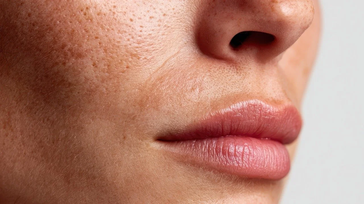 Close-up of a woman's face showing her nose, cheeks, and lips with clear skin and visible pores.