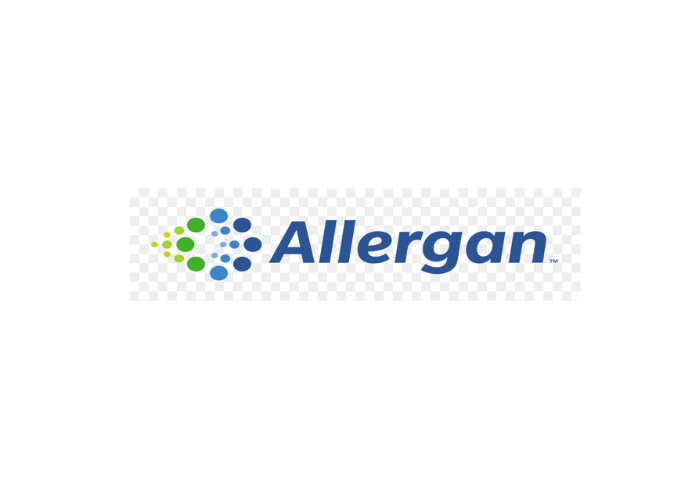 Allergan logo with blue and green circular design and the word 'Allergan' in blue font.
