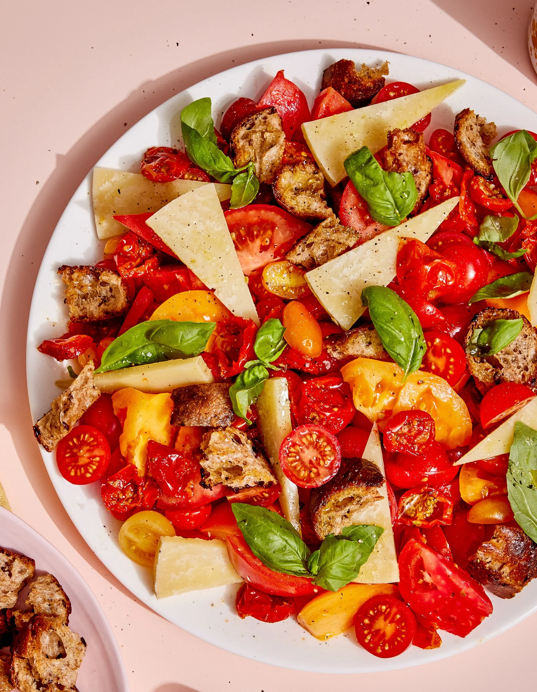 plated overhead tomato salad photography
