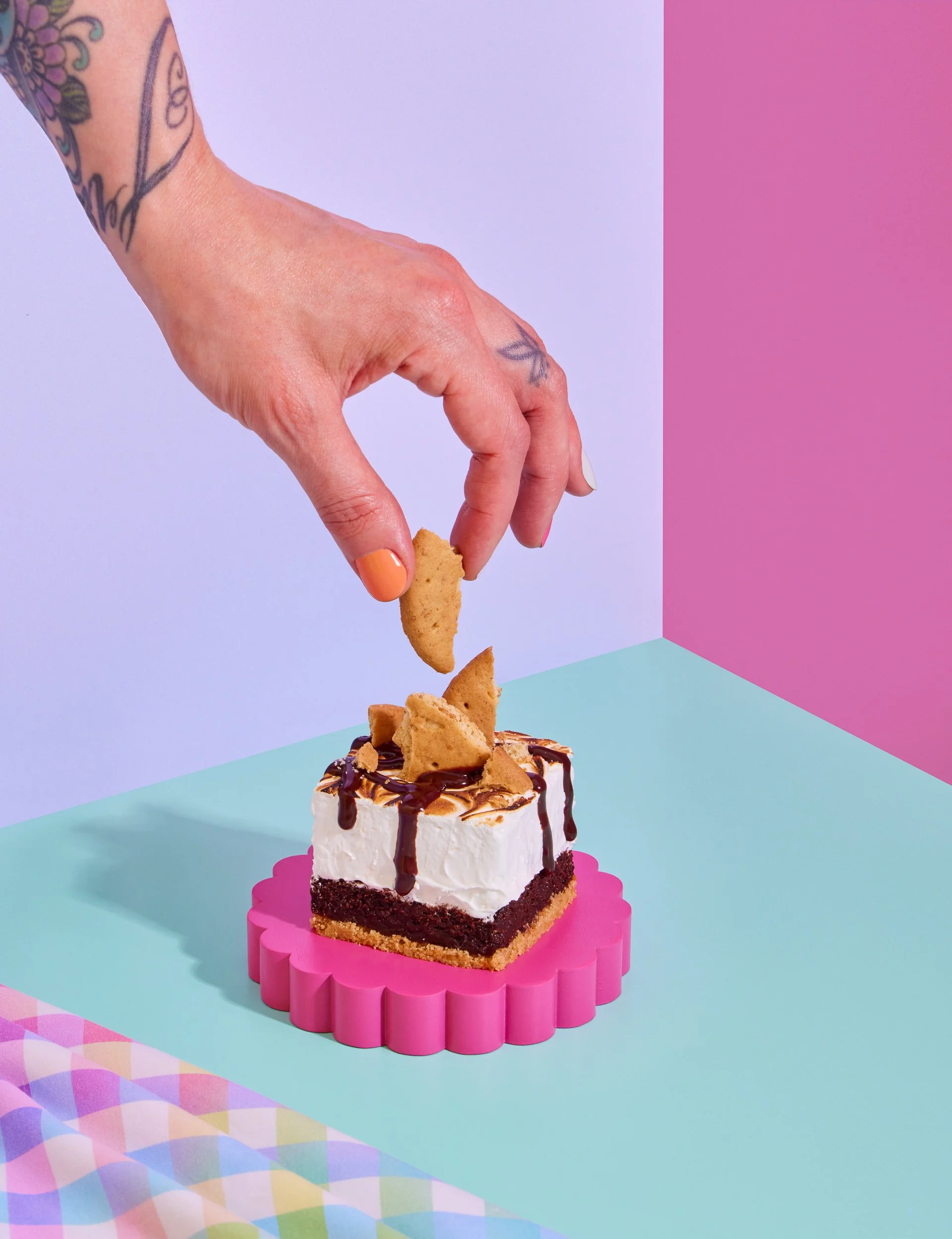 Marshmellow cake with hand photography for cookbook publishing