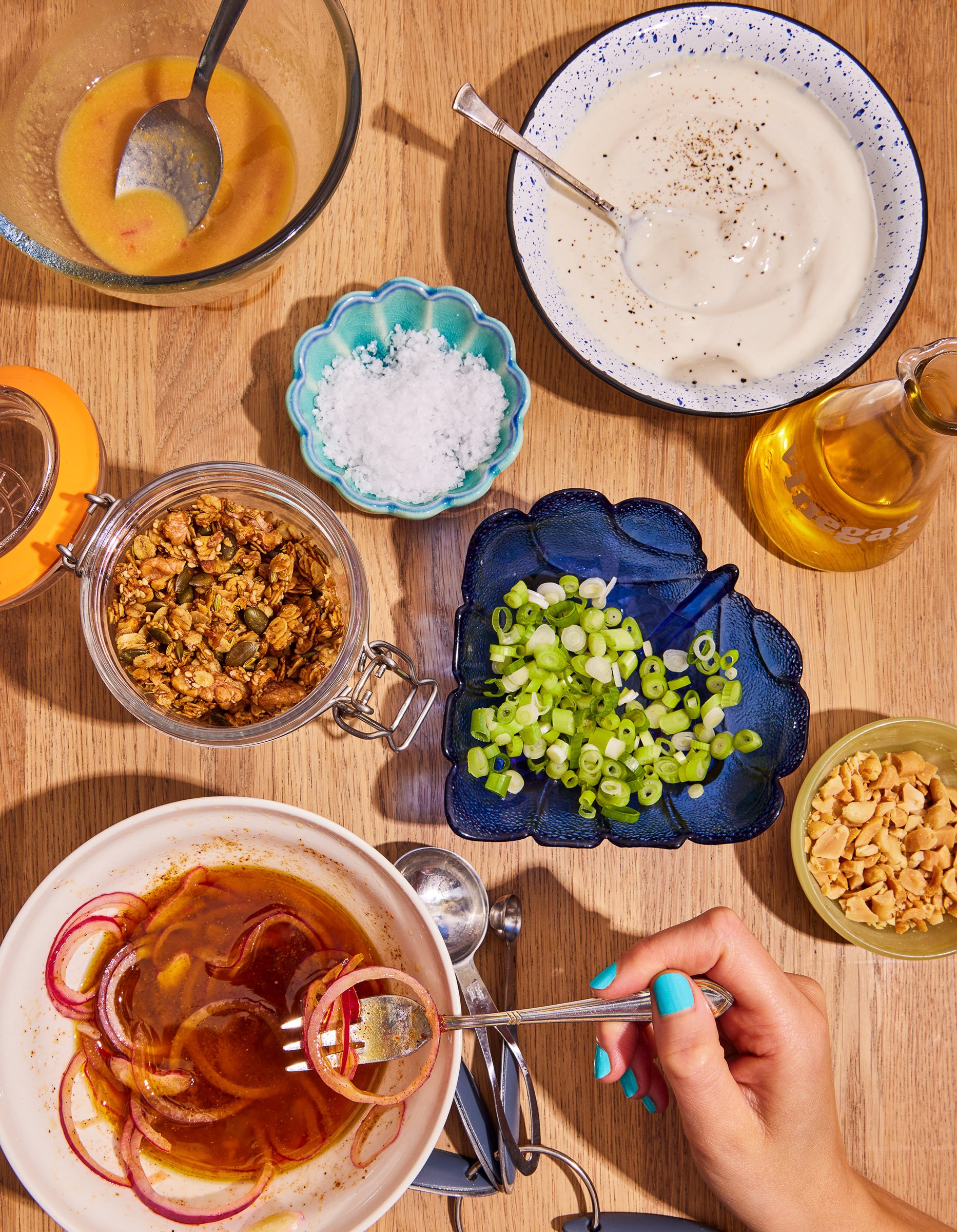 overhead salad dressing photography