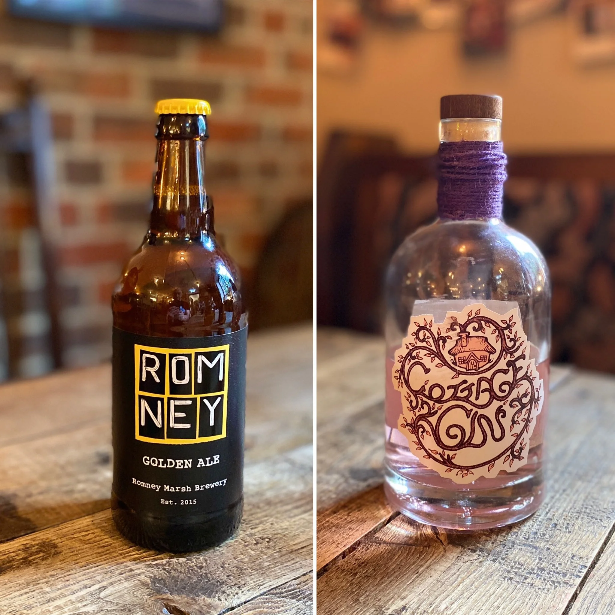 Two bottles of alcohol on a wooden table, with the left being a beer bottle labeled "ROMNEY GOLDEN ALE" from Romney Marsh Brewery and the right being a clear liquor bottle decorated with purple thread around its neck.