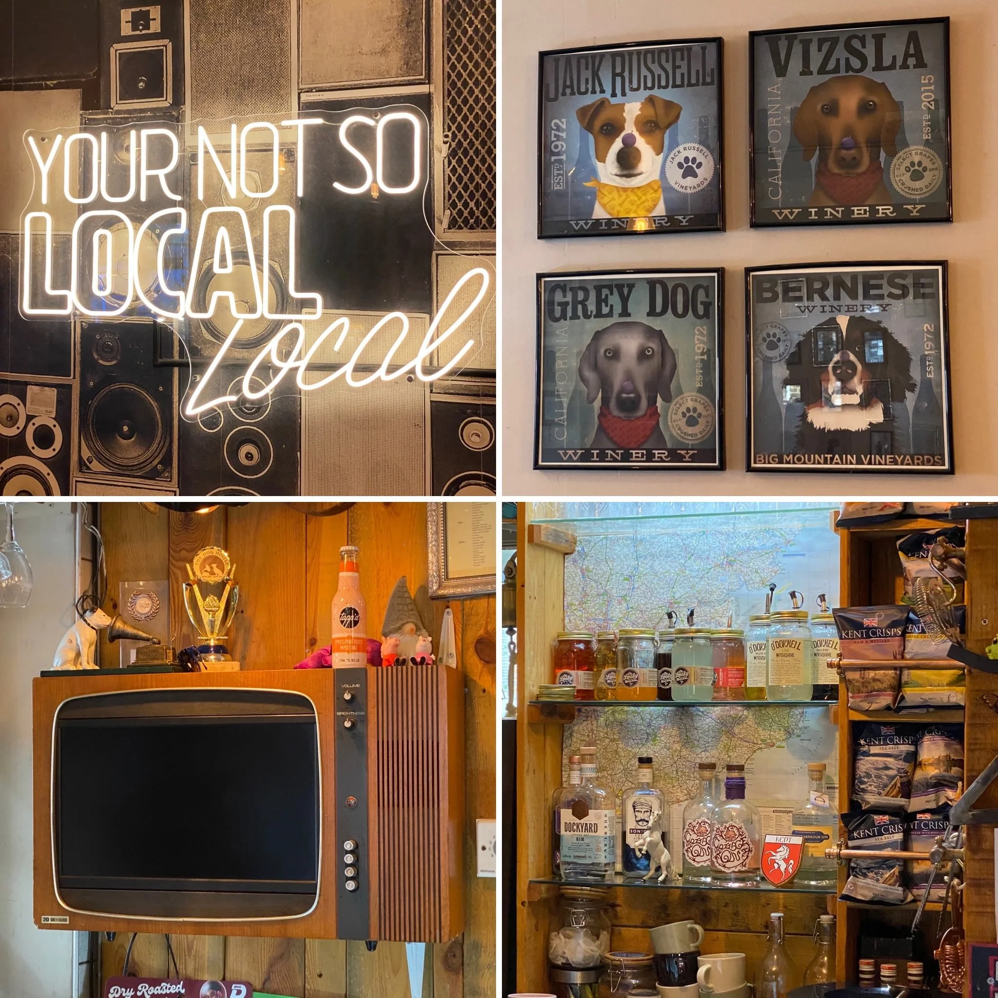Collage of four images showing a neon sign, framed dog portraits at a winery, a vintage television with decorative items on top, and shelves with bottles and snacks in a cozy cafe or shop.
