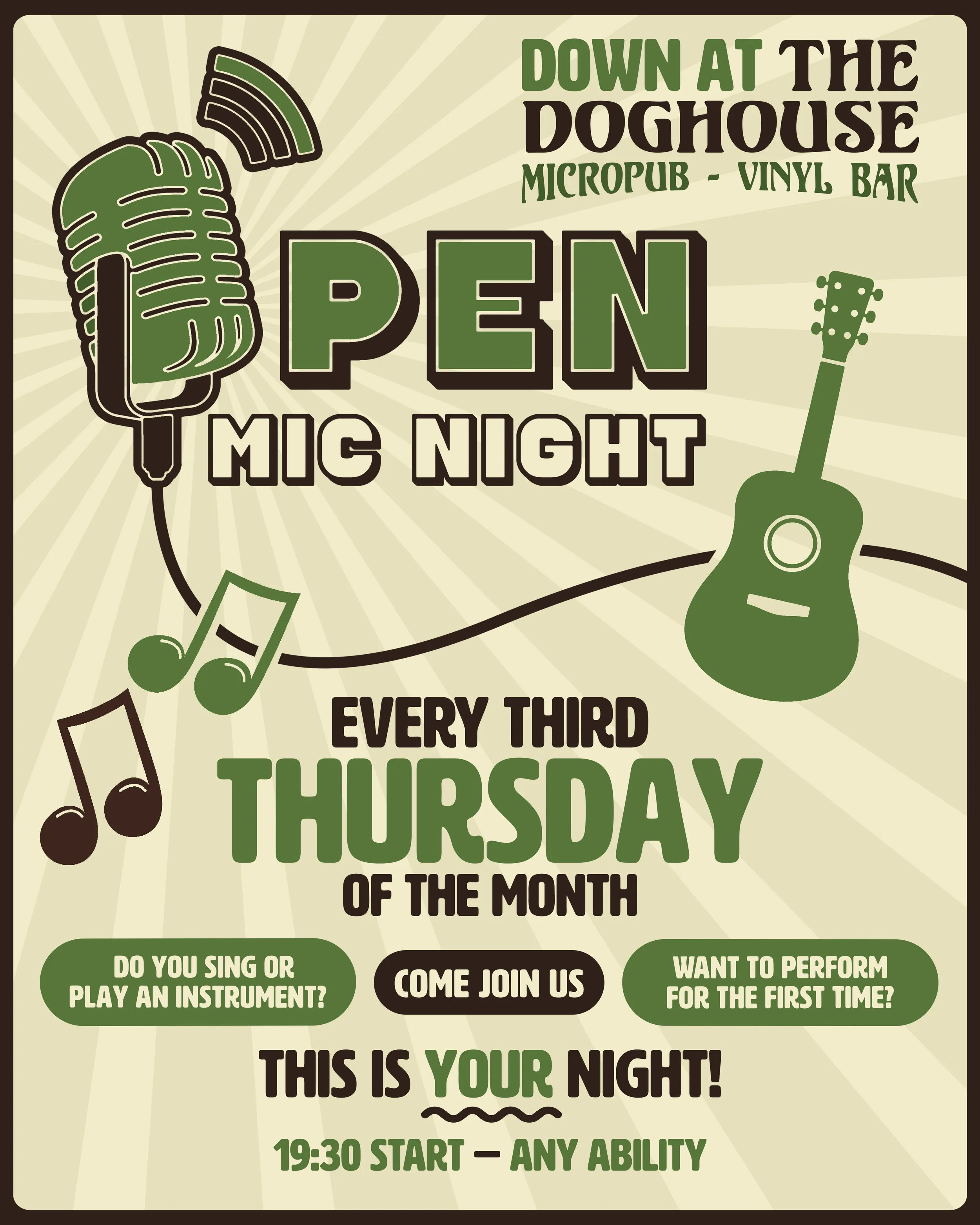 Flyer for 'Open Mic Night' at Down at the Doghouse Micropub and Vinyl Bar, happening every third Thursday of the month at 7:30 PM, inviting all abilities to sing or play an instrument.