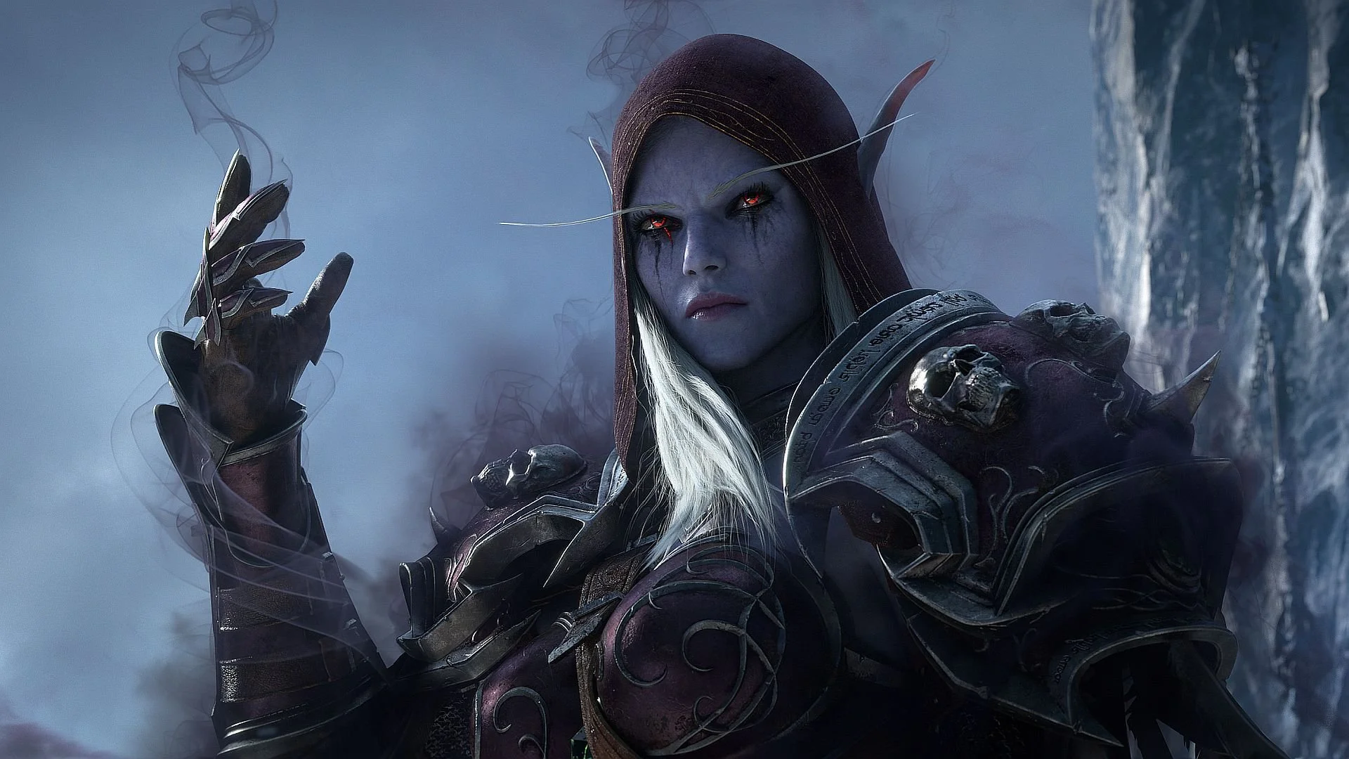 A fantasy character with pale skin, long white hair, and glowing red eyes, dressed in dark armor with skull embellishments, standing against a misty mountain landscape.