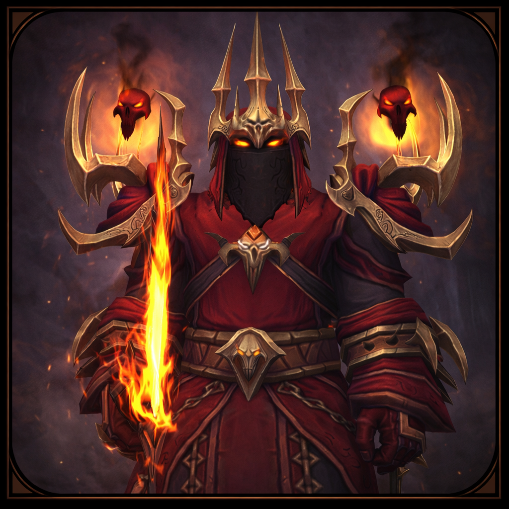 In-game character in fantasy armor with dark robe, gold and purple accents, glowing blue elements, and a large ornate staff with a skull motif.