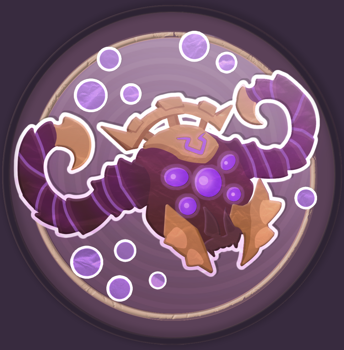 A fantasy creature with large purple and black horns, a skull-like face with glowing purple eyes, and a dark body with purple orbs, surrounded by purple bubbles.
