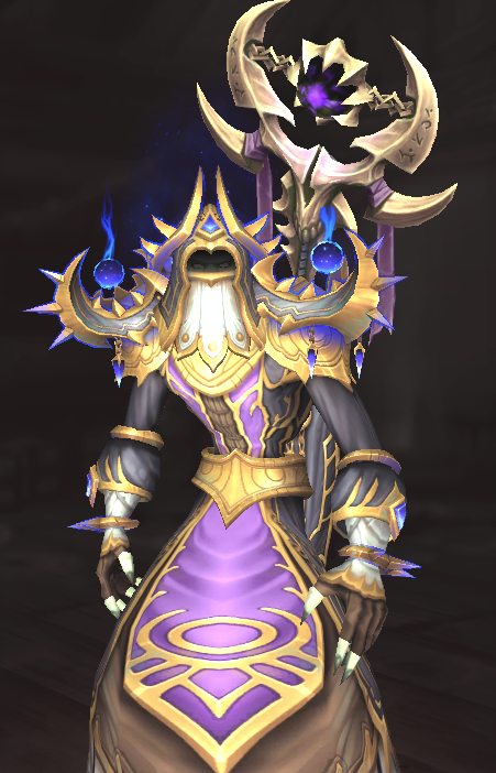 In-game character wearing dark robes with gold and purple accents, elaborate shoulder armor with glowing blue orbs, and a large, ornate staff with a purple gem and crescent-shaped top.