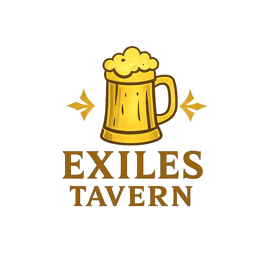 A logo for Exile's Tavern featuring a cartoon beer mug with frothy head, decorated with orange and yellow bars, and the establishment's name in bold red and brown text.