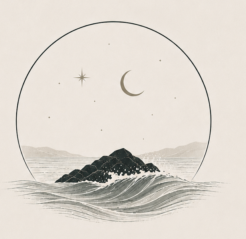 Minimalist artwork of a rocky island in the ocean with a backdrop of stars, a crescent moon, and a circular frame.