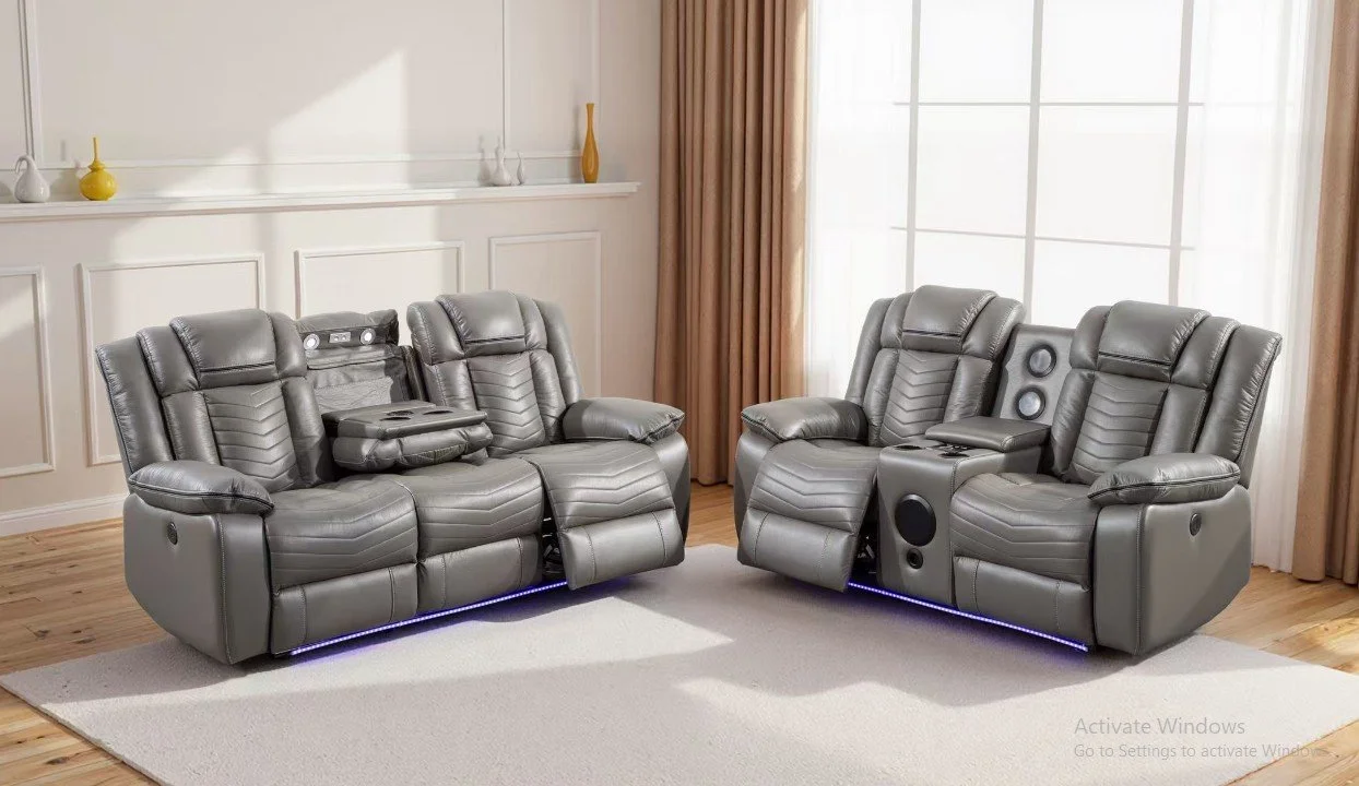 Grey Faux Leather 3 Seater and 2 Seater Technology Chevron Sofa Set