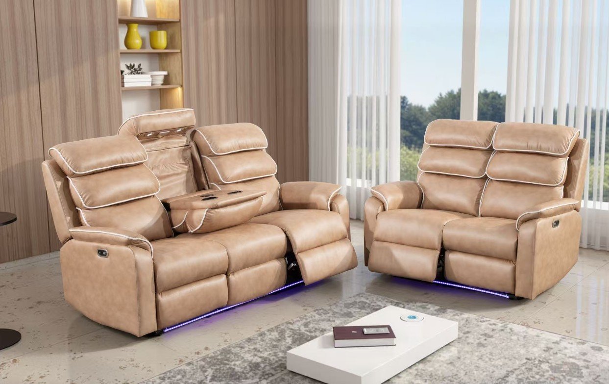 Beige Faux Leather 2 and 3 Seater Technology Sofas