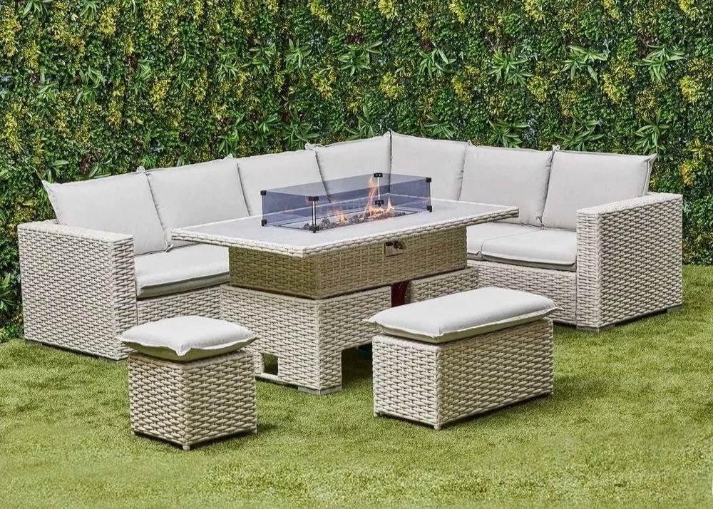 6 Seater Grey Rattan Firepit Dining Set Garden Furniture (also available in black)