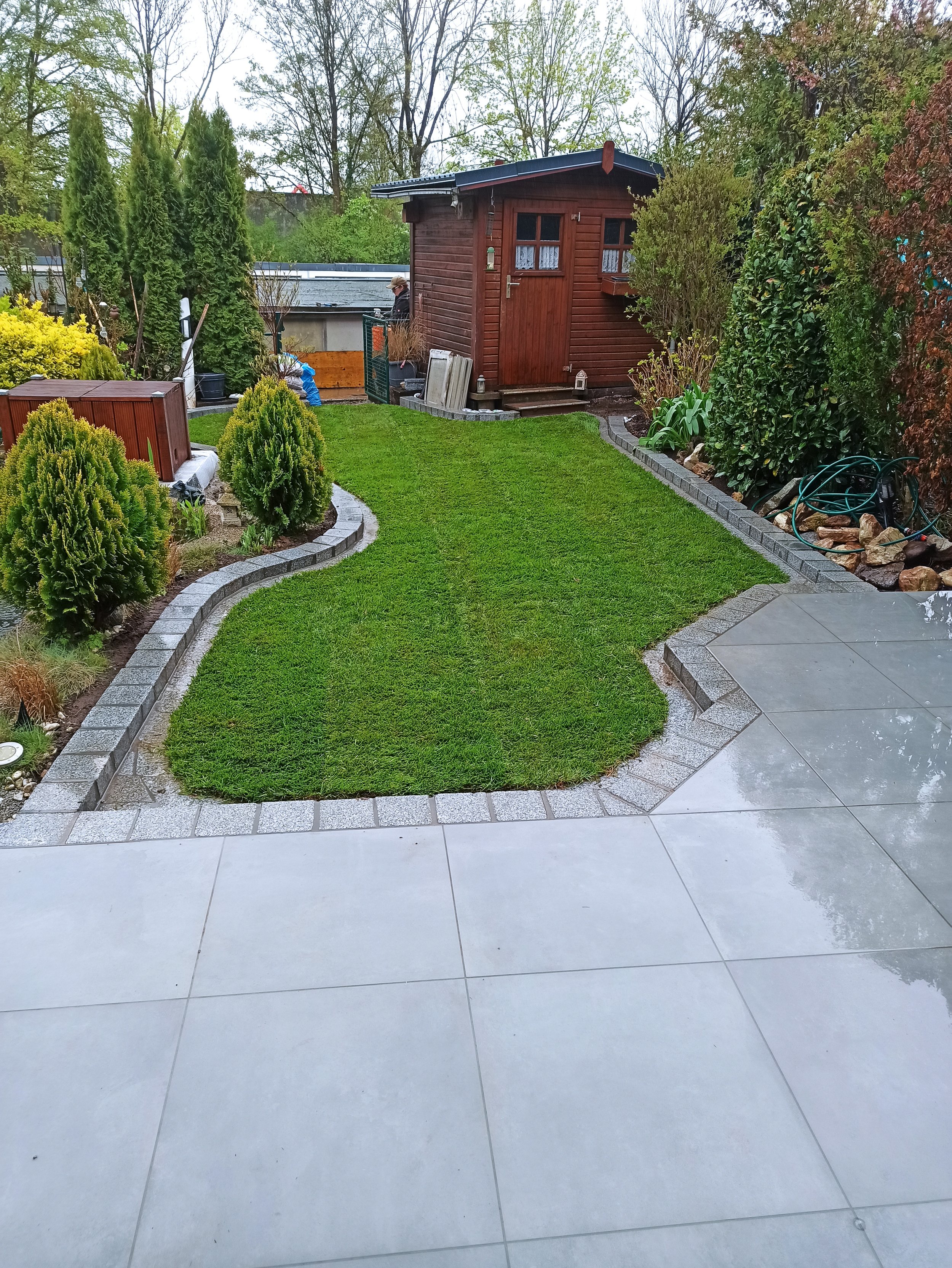 Garten mit grünem Rasen, kleinen Büschen, einem Holz-Schuppen im Hintergrund, umgeben von Bäumen und Sträuchern, und einem gepflasterten Bereich im Vordergrund.