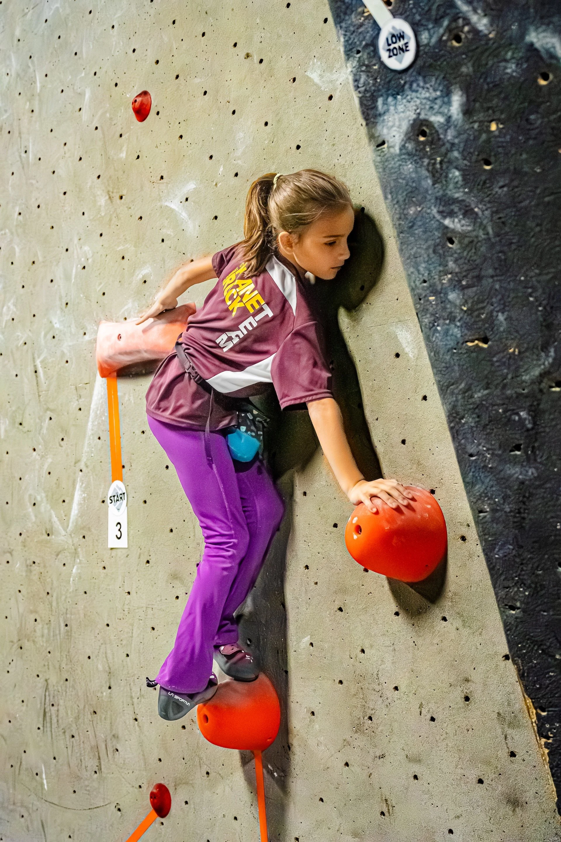 A girl with a ponytail climbing an indoor rock wall, wearing a maroon and white t-shirt and purple pants, with orange climbing holds and an orange safety rope.