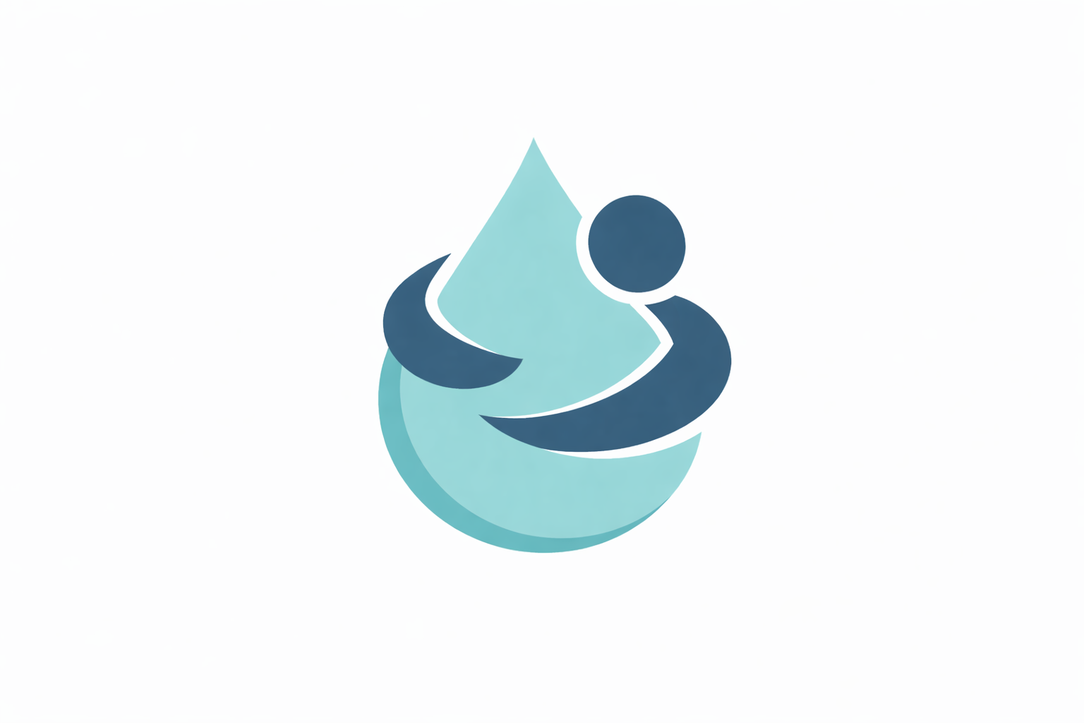Minimalist logo featuring a water droplet, held by a person, and abstract waves in shades of blue and teal.