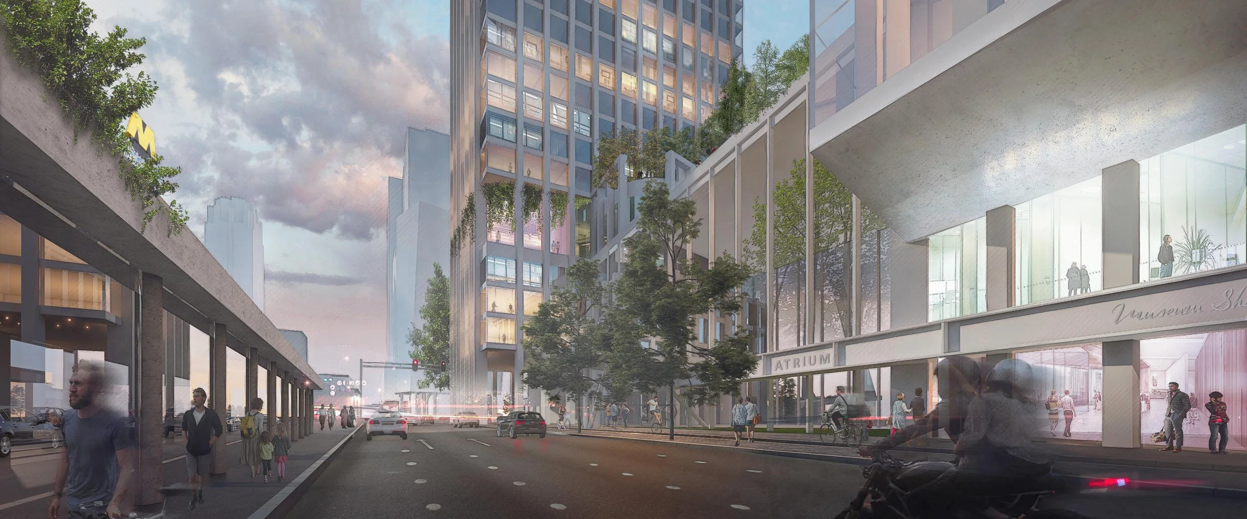 Artistieke architectuurschets van een grootstedelijk mixed-use complex door Rietveld Architects New York. Deze conceptuele avondimpressie visualiseert de synergie tussen theater, restaurants, kantoren en wonen in een gelaagde, moderne vormentaal.