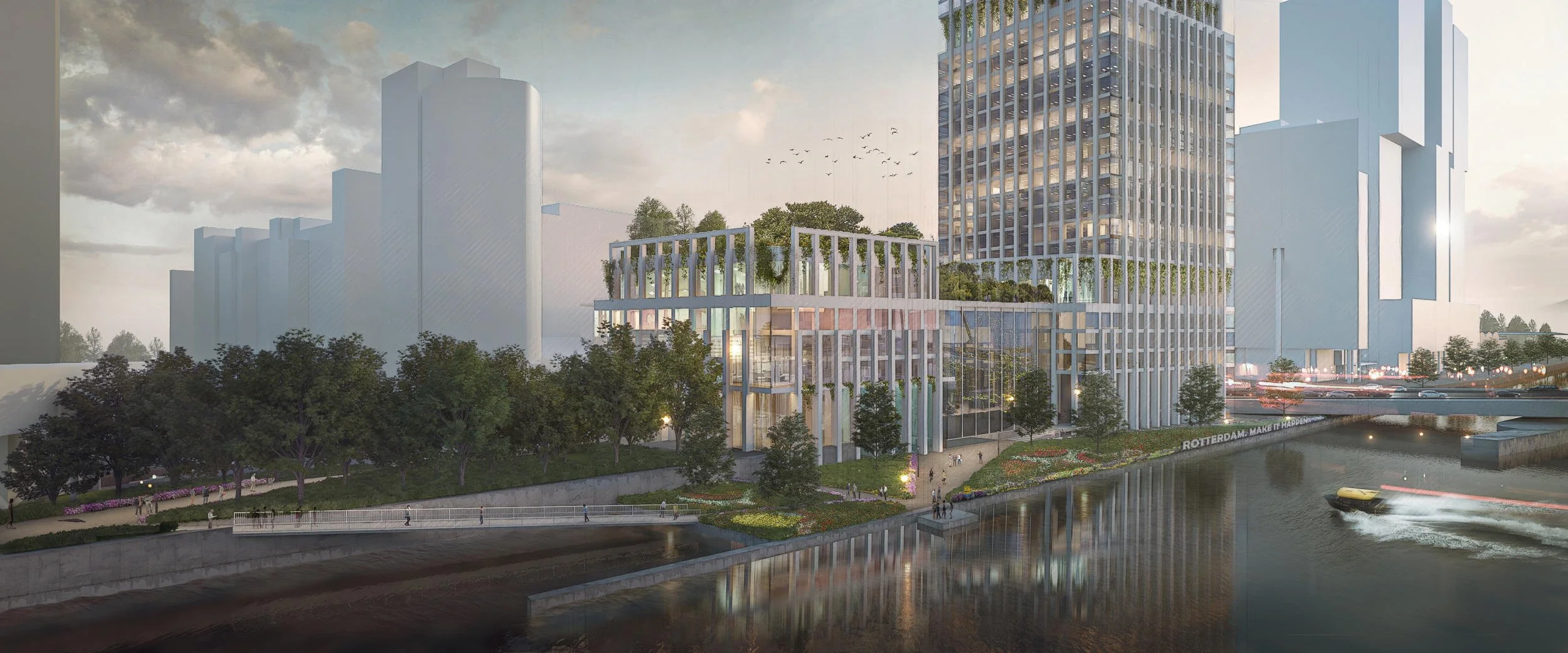 Artistieke architectuurschets van de grootschalige herinrichting van een rivieroever door Rietveld Architects New York. Deze conceptuele avondimpressie toont een grootstedelijk mixed-use complex waarin theater, restaurants, kantoren en wonen naadloos