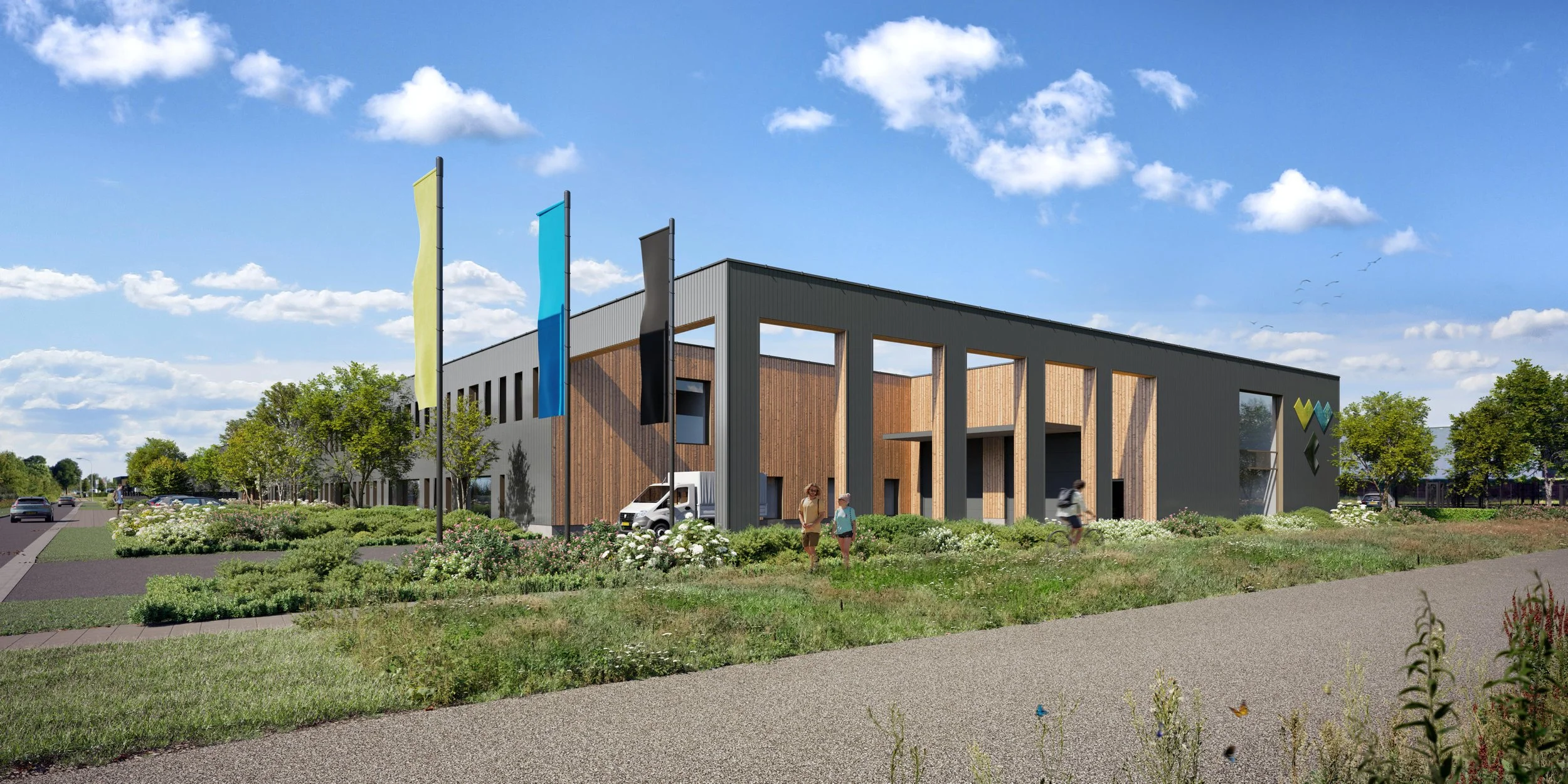 Exterieur-impressie voor commerciële aanbesteding: Deze visualisatie van een eigentijds kantoor met houten gevelbekleding legt de nadruk op de uitnodigende plint en de interactie met de openbare ruimte. Specifiek vervaardigd om de esthetische ambitie