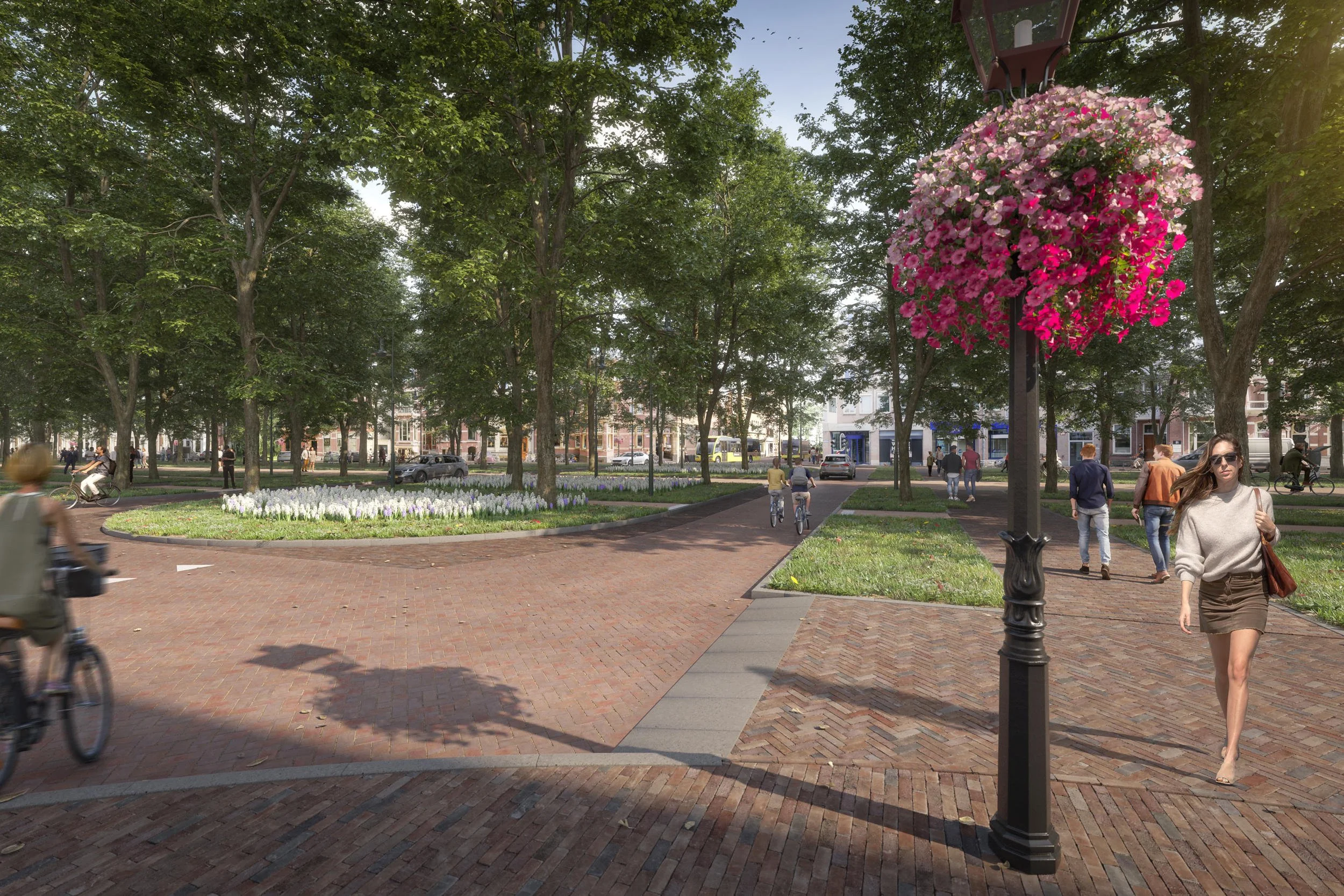 Artist impression van de herinrichting van de Maliebaan in Utrecht, kruising Nachtegaalstraat. Een nieuw ontwerp met een autovrij wandelpad, fietspaden en extra groenvoorziening. Impressie door Trazar.