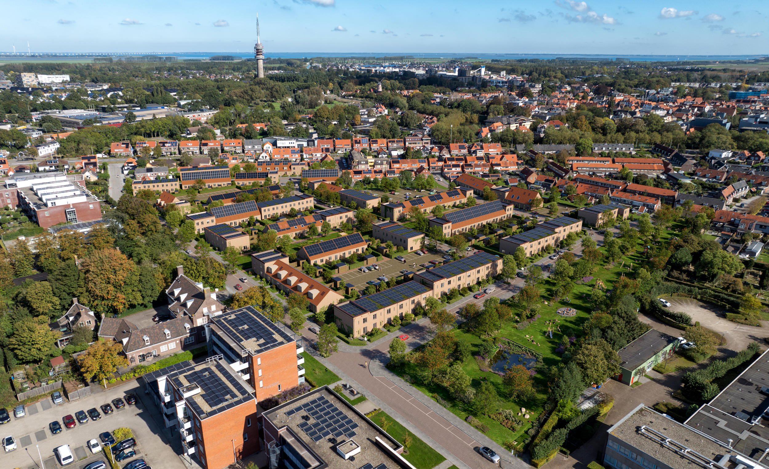 Hoogwaardige 3D-fotomontage voor stedenbouwkundige inpassing: Deze vogelvlucht toont een naadloze integratie van het nieuwbouwplan in de bestaande bebouwing. Door gebruik te maken van actuele luchtfotografie bewijst deze visualisatie het zorgvuldige 